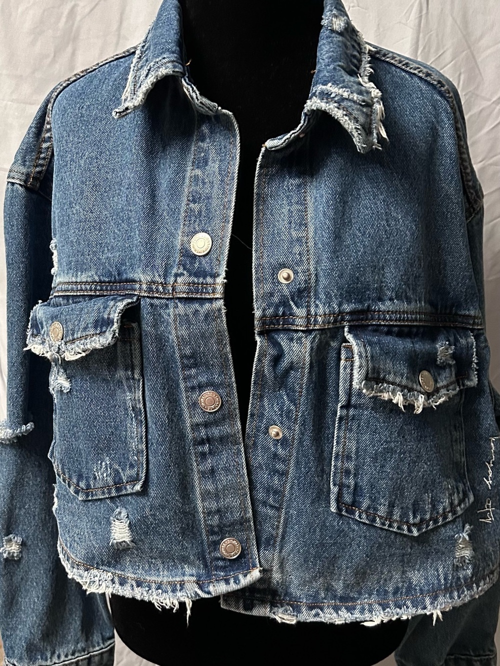 KC Sporting Cherry Distressed Blue Denim Jean Jacket with Frayed Edges